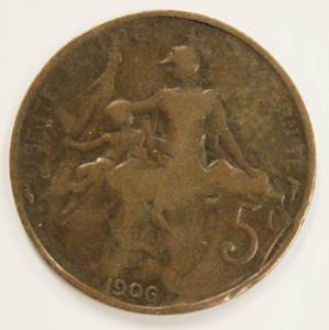 1906 France 5 Centime Bronze Coin