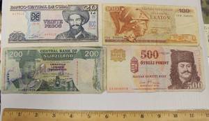 4 Foreign Bank Notes Cuba 20, Swaziland 200, Greece 100 And Magyar  500
