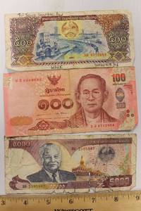 3 Asian Banknotes Lot Thailand 100 Bahat, Laos 5000 Kip And 1988 Laos 500 Kip
