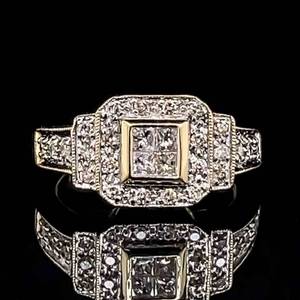 0.80 Carat Diamond Princess Cut Halo Tiered Geometric Milgrain Ring in 14k Yellow Gold $2,750 Retail VIDEO