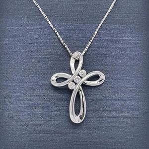 Diamond Three-Stone Contemporary Open Ribbon Celtic Holy Trinity The Father, The Son & Holy Spirit Cross Pendant in 14k White Gold $999 Retail