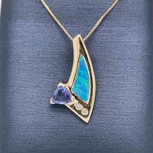 Natural Tanzanite, Diamond & Opal Inlay Geometric Contemporary Slide Pendant in 14k Yellow Gold, Abstract Artistry $1,899 Retail