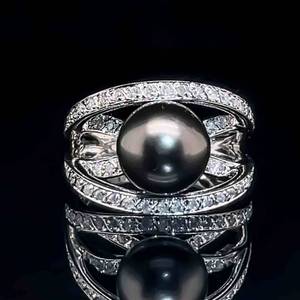 Hand Candy Large Black Cultured Pearl, 9.7mm, Multi Diamond Shanks, Orbital Ring w Diamonds in 14k White Gold. $4250 Retail VIDEO