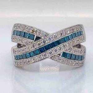 1.65 Carat Diamond Princess Cut Fancy Blue & White Channel Wide Statement Criss-Cross X Ring in 14k White Gold, Fine Quality Craftsmanship $3,999 Retail VIDEO