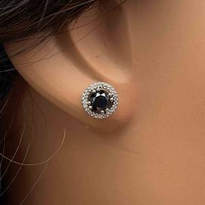 Multi-Faceted Diamond Stud Earrings w. Black & White Diamond s in Halo Cluster Baskets. Eye Catching Sparkle