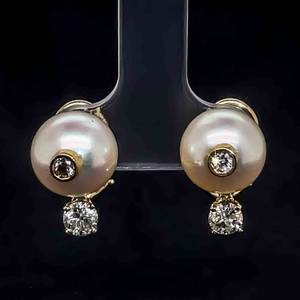 Rare Estate find 14k Yellow Gold 10mm Pearl & Diamond Drop Earrings w Inset Diamonds. Classy and Distinctive  $3400 Retail VIDEO