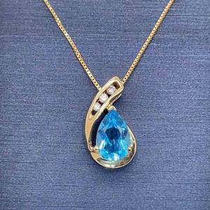 Necklace w. Diamond & Blue Topaz Pear Shape Pendant in Yellow Gold Box Link Chain - Exquisite Italian Design $1,450 Retail