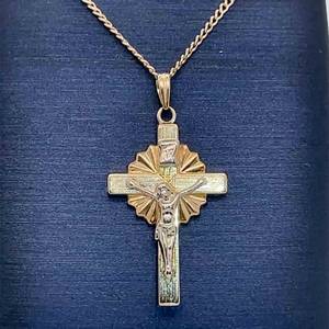 Cuban Chain Link Necklace w Meaningful Crucifix Pendant in 14k Two-Tone Gold, INRI, 21 inches
