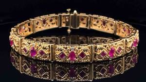 Upscale, Ornate Round Diamond & Princess Natural Ruby Bar Link Vintage-Inspired Bracelet in 14k Yellow Gold $7,200 Retail VIDEO