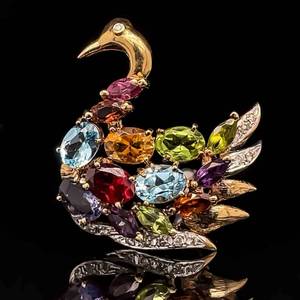 Colorful and Bright Citrine, Garnet, Blue Topaz, Peridot, Amethyst, Iolite & Diamond Cluster Swan BroochPin in 14k Yellow Gold $1,950 Retail