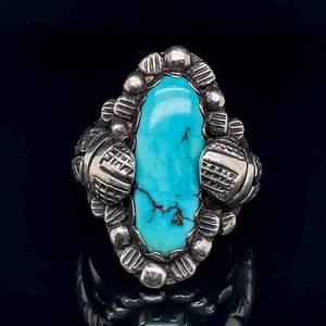 Elongated Oval Cabochon Turquoise Native Navajo Rustic & Bright Shine Engraved Triple Split Ring