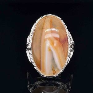 Solitaire Oval Cabochon Agate Twisted Rope Bezel Ornate Ribbon Scroll Ring