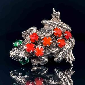 Enchanted Forest Coral & Simulated Tsvaorite Leaping Frog PinBrooch - 1930s Vintage