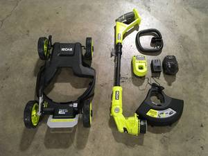 RYOBI  ONE 18V 12 in. Cordless 3-in-1 Trim Mower with 4.0 Ah Battery and Charger Customer returns Review all pictures