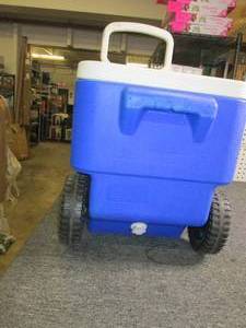 lot 130 image: coleman cooler on wheels with handl...