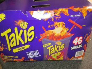 lot 262 image: box of 46 10z bag of takis hot chi...