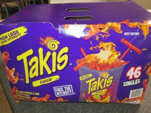 lot 263 image: box of 46 10z bag of takis hot chi...