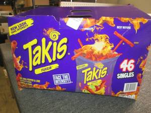 lot 264 image: box of 46 10z bag of takis hot chi...