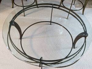 lot 9 image: Ethan Allen Bronze Glass Topped Coffee and Side Table Set