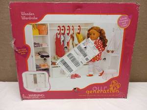 lot 54 image: OUR GENERATION DOLLS WOODEN WARDROBE CLOSET
