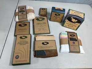 lot 114 image: Assortment of Natural Bags, Compostable straws, trash bags, produce bags, etc.