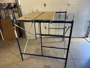 lot 4 image: New Metaltech 5 ft. x 5 ft. Mason Scaffolding System with Cross Braces, Platform, etc.