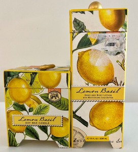 lot 90 image: Michel Design Works Lemon Basil Soy Wax Candle, Hand  Body Lotion with Matching Bowl