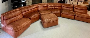 lot 5 image: 1970s Retro Rust Color Leather Sectional Couch