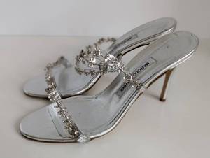 lot 54 image: Manolo Blahnik Crystal Embellished Silver Heels