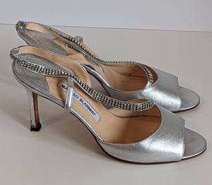 lot 56 image: Manolo Blahnik Peep Toe Crystal Embellished Sandals