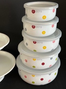 lot 202 image: Set of Covered Storage Bowls by DOTS and Two Tiered Appetizer Server