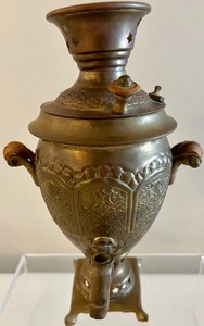 lot 267 image: Antique Miniature Brass and Copper Tea Urn, Miniature Candelabra & Swing Mirror