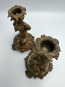 lot 292 image: Antique Brass Cherub Candlesticks Pair