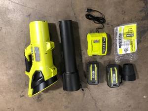 lot 58 image: RYOBI  40V HP Brushless Whisper Series 190 MPH 730 CFM Cordless Battery Jet Fan Leaf Blower with (2) 4.0 Ah Batteries & Charger Customer returns Review all pictures