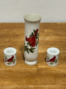 Porcelain Gilt Edged, 6.5 high Cardinal Bud Vase, Lefton, Japan, and 2 Cardinal 2.2 high Candle Holders