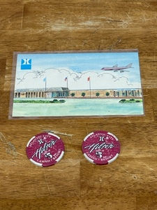Two $5.00 Chips from Hilton Resort Atlantic City, Hilton Airport Inn Nashville Postcard
