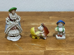 Porcelain Figurines, Pig Baby Carriage, Boy with Pup, Fancily Dressed Woman