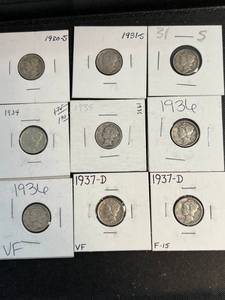 LARGE GROUP OF MERCURY DIMES 1930-1940S TOTAL 44 COINS VG-AU