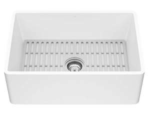 lot 5 image: VIGO Matte Stone White Composite 27 in. Single Bowl Flat Farmhouse Apron-Front Kitchen Sink with Strainer and Silicone Grid