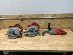 lot 126 image: MILWAUKEE Lot of Circular Saw, Metal Cutting Saw and Right Angle Drill- See Description for Details (Tools Only)