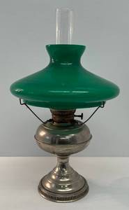 lot 8 image: Very Old Antique RAYO Oil Lamp SilverplateNickel  With RARE Inverted Green Glass Reading Shade