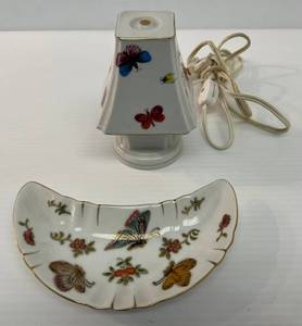 lot 10 image: Vintage I.W. Rice Butterfly Table Night Light 5 x 3 14 x 3 14 And LJ Cresent Shaped Butterfly Dish Made In Japan X1573