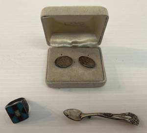 lot 50 image: Lang Brand 925 Cufflinks, Sterling Silver Spoon Brooch 15.34 Grams And Ring Possible Sterling 7.56 Grams