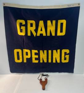 lot 62 image: Vintage 3 x 3 Grand Opening Banner And Wooden Sling Shot Professional Model