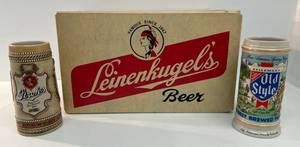 lot 91 image: Beer Related Items Including Beer Steins Strohs And Old Style And Leinenkugels Beer Bottle Case (Perfect For Man Cave Dcor)