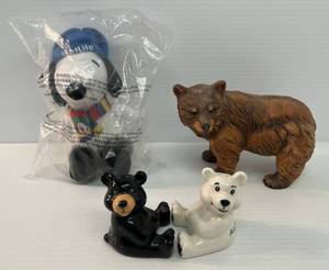 lot 104 image: Group Of Misc. Bear Figurines Including Salt & Pepper Shakers And Snoopy Plush Toy