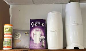 lot 105 image: Shelf Full Of Household Items Including Diaper Genies, Litter Genie And More
