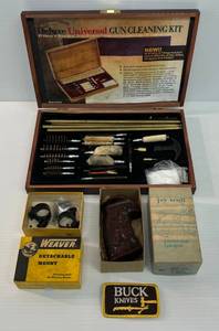 lot 118 image: Misc. Hunting Items Including Gun Cleaning Kit, Weaver Scope Mounts And Jay Scott Custom Made Gun Grips