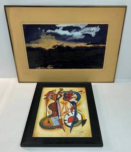 lot 122 image: 20 x 27 14 Framed James Wilcox Dimmer Original Landscape Signed And 15 x 18 34 Framed Behind Glass Arshile Gorky Wild Party Print