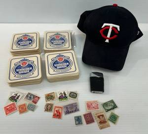 lot 130 image: Group Of Misc. Items Including Vintage Roson Lighter, Twins Hat, Stamps And Schneider Weisse Coasters
